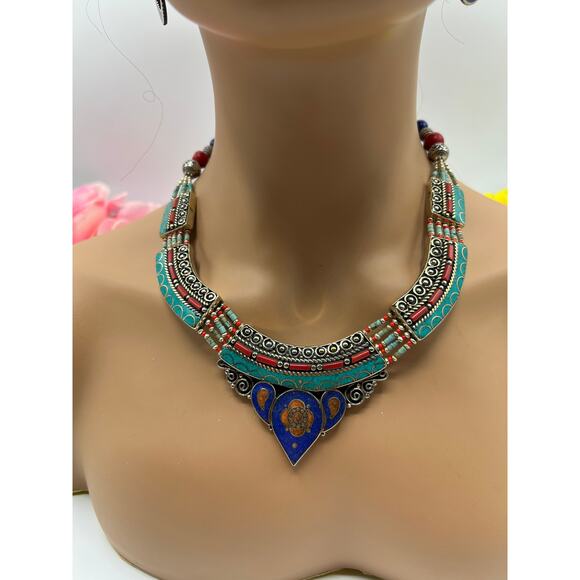 Tibetan Turquoise Lapis Coral Copal Necklace & Earrings Set Handmade in Nepal - Picture 2 of 5